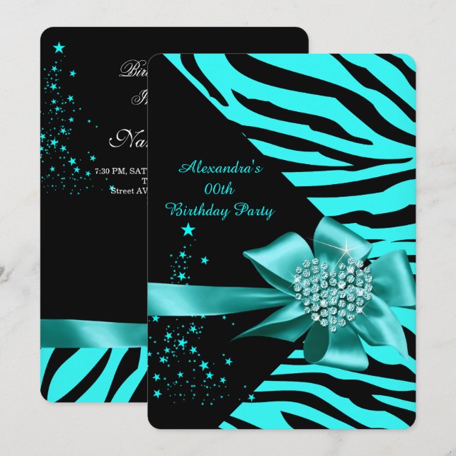 Elegant Zebra Teal Silver Heart Jewel Birthday Inbjudningar (Fram/baksida)
