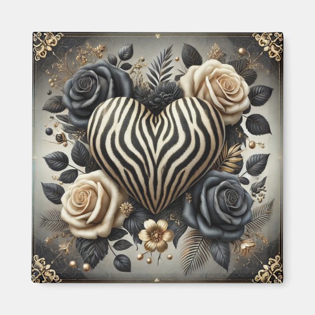 Elegant Zebra tryck Heart & Ro Magnet (Framsidan)