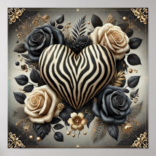Elegant Zebra tryck Heart & Ro Poster (Framsidan)
