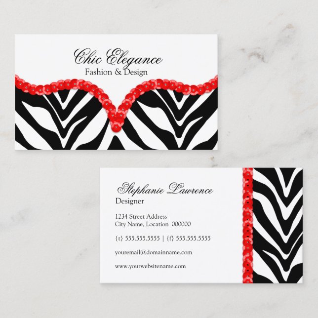 Elegant zebra tryck- & SequinsLook Visitkort (Fram/baksida)