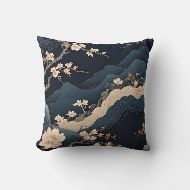 Elegant Zen Cherry Blommar and Mountain Throw Pill Kudde (Framsida)