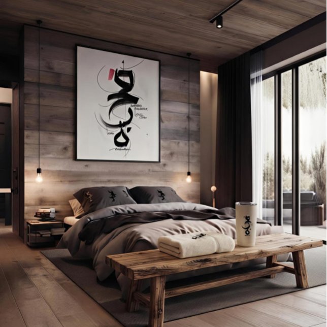 elegant zen shodo kalligrafi monogram kudde (Elegant minimalist Arabic calligraphy cushion for a wabi-sabi bedroom aesthetic)