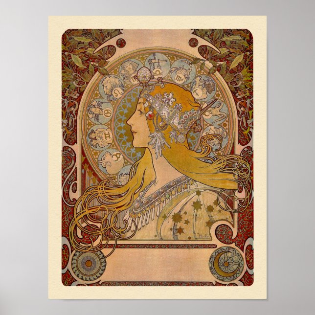 Elegant Zodiac efter Alphonse Mucha Print Poster (Framsidan)