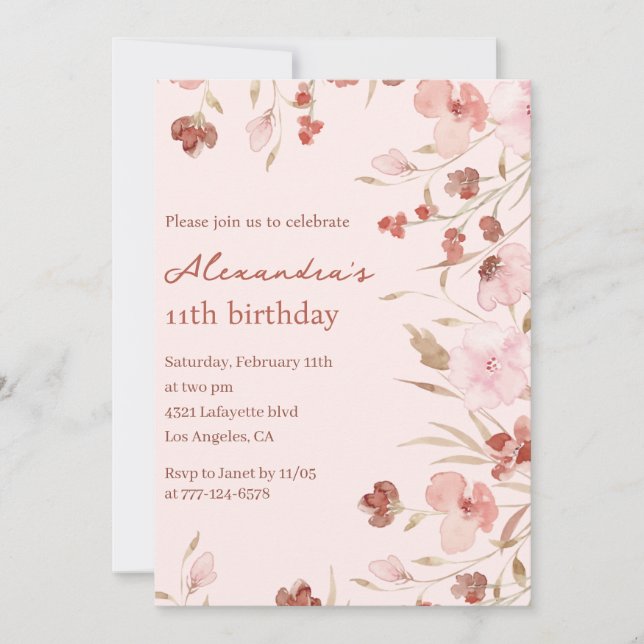 Eleganta 11-års födelsedagsinbjudningar Floral Chi Inbjudningar (Framsida)
