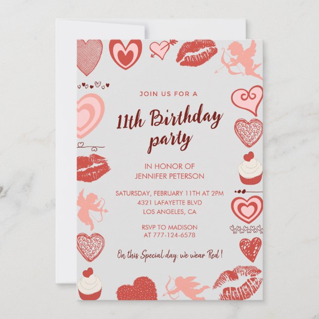 Eleganta 11-års inbjudningskort Grå Röda Hjärtan (Framsida)