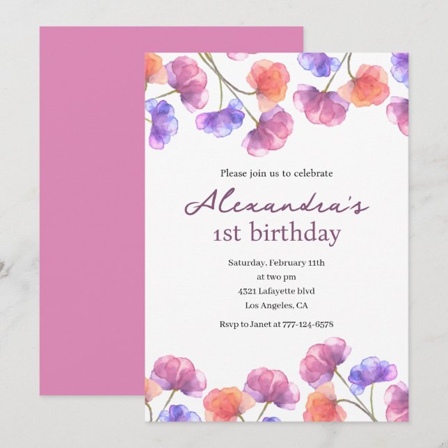 Eleganta 1-års inbjudningar Floral Chic (Fram/baksida)