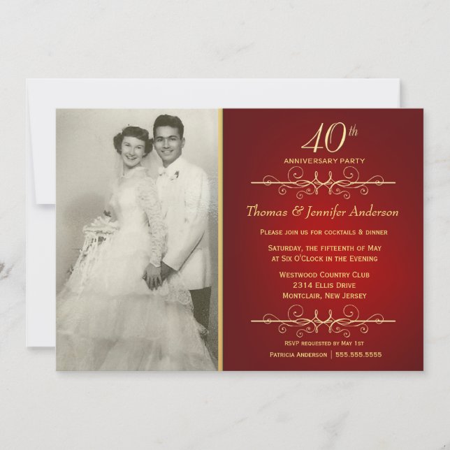 Eleganta 40-års bröllopsjubileumsinbjudningar i ru inbjudningar (Framsida)
