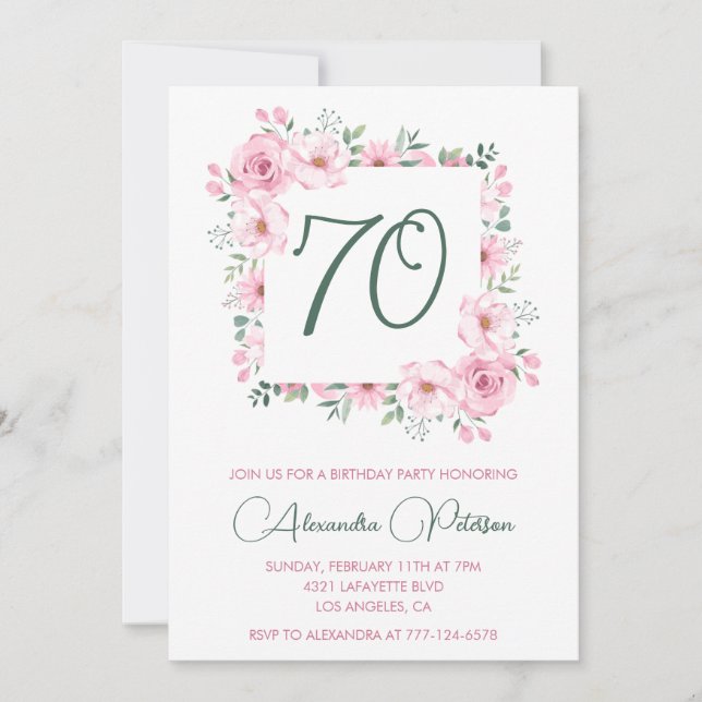 Eleganta 70-års inbjudningar Blommig Rosa (Framsida)