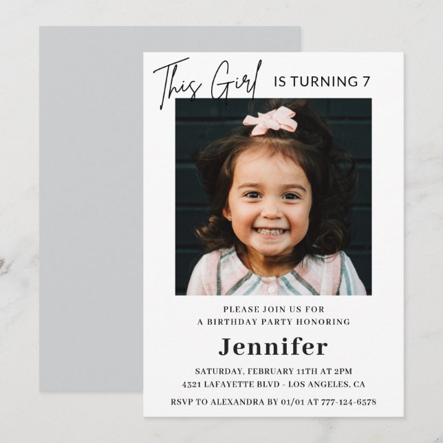 Eleganta 7-års inbjudningskort Foto Modern (Fram/baksida)
