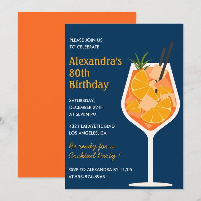 Eleganta 80-års inbjudningar Cocktail Navy (Fram/baksida)