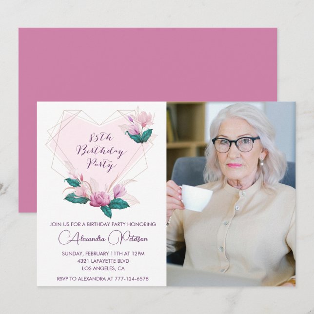 Eleganta 85-års födelsedagsinbjudningar Blommig Fo Inbjudningar (Fram/baksida)