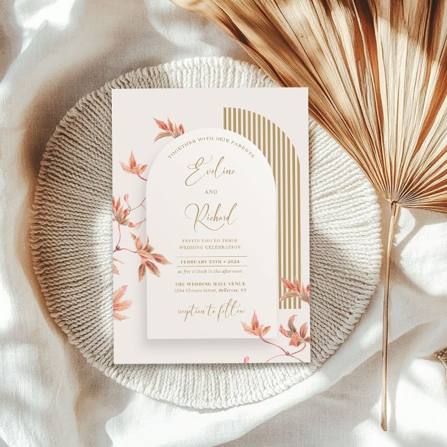 Eleganta akvarell höstlöv boho valv guld inbjudningar (Elegant watercolor fall leaves boho arch gold invitation)