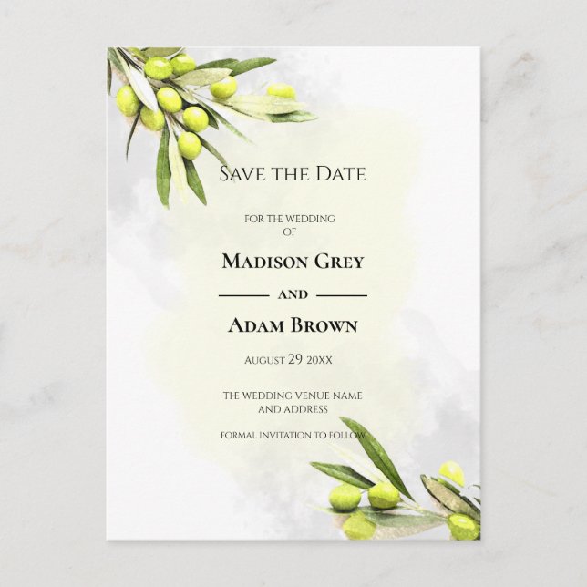 Eleganta akvarell olivgrenar Spara datum Meddelande Vykort (Framsida)