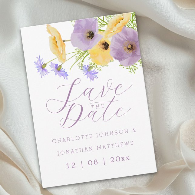 Eleganta akvarell Pastell Färgade Blommor Bröllop Spara Datumet (Elegant boho chic floral bouquet wedding save the date invitation purple yellow blue watercolor )