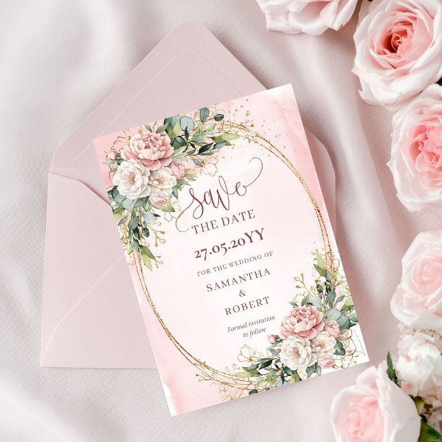 Eleganta akvarell rosa blommor Spara datum Datumet (Chic Watercolor Blush Pink Flowers Save The Date)