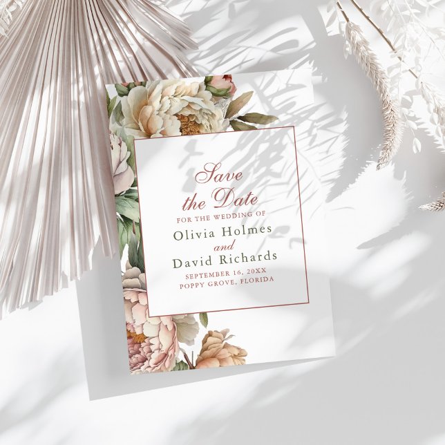 Eleganta akvarell rosa peonior bröllop spara datumet (Elegant Watercolor Blush Pink Peonies Wedding Save The Date on a sunny boho white table.)