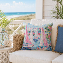 Eleganta akvarell rosa segelbåtar tropisk kustlinj