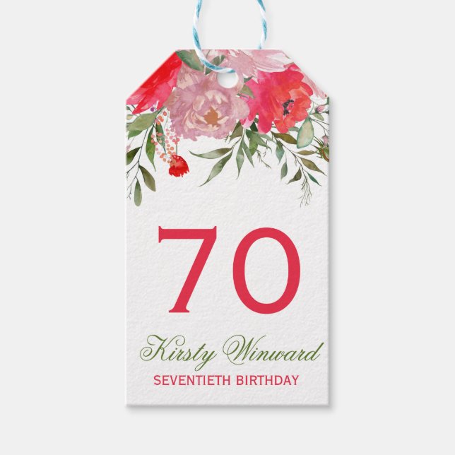 Eleganta akvarell rosa vårblommor födelsedag presentetikett (Framsidan)