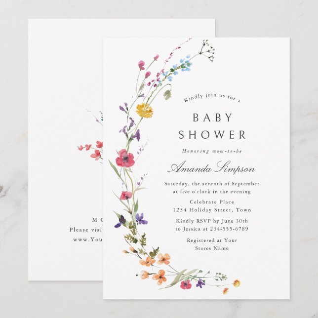 Eleganta akvarell vilda blommor baby shower inbjudningar (Fram/baksida)