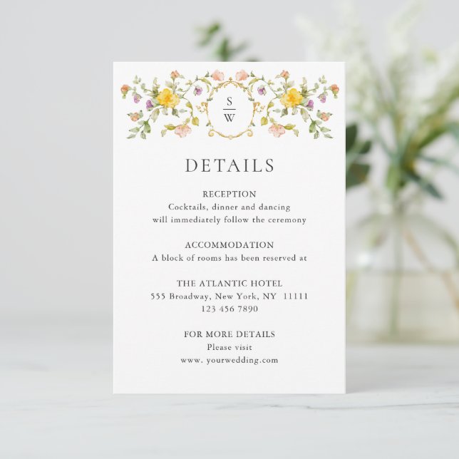 Eleganta akvarell vilda blommor bröllopsdetaljer tilläggskort (Stående Fram)