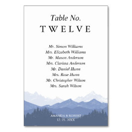 Eleganta akvarellblå berg gästnamn bordsnummer