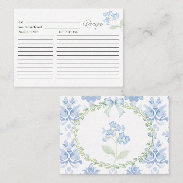 Eleganta akvarellblå blommor Bröllopsdusch-inbjuda Tilläggskort (Fram/baksida)