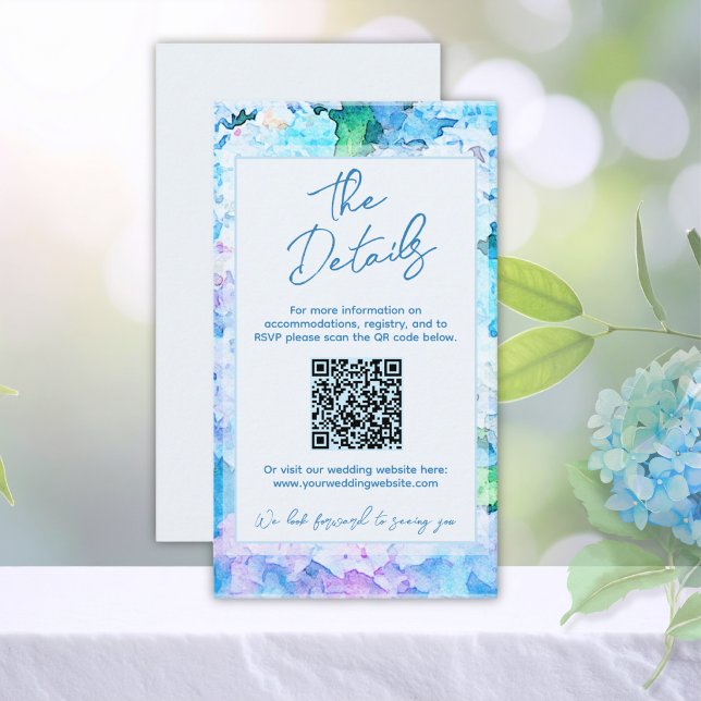 Eleganta akvarellblå hortensiadetaljer QR-kod Tilläggskort (Skapare uppladdad)