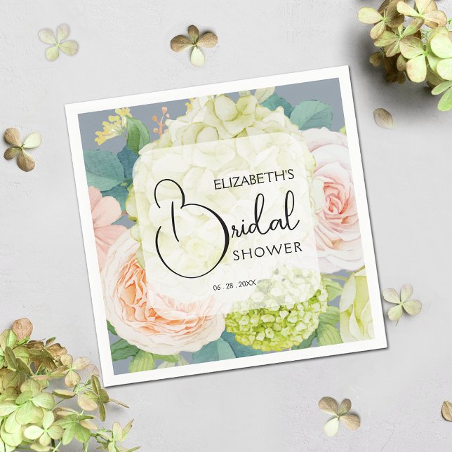 Eleganta akvarellblommor Dammtblå Bröllopsdusch Pappersservett (Bridal shower napkins 4.75" square)