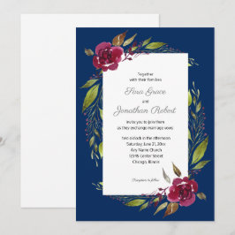 Eleganta akvarellblommor Navy Blue Bröllop Inbjudningar