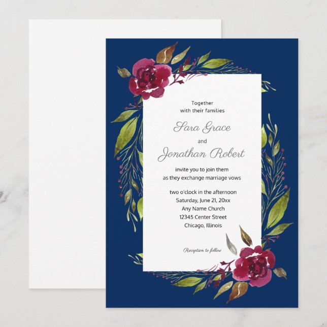 Eleganta akvarellblommor Navy Blue Bröllop Inbjudningar (Fram/baksida)
