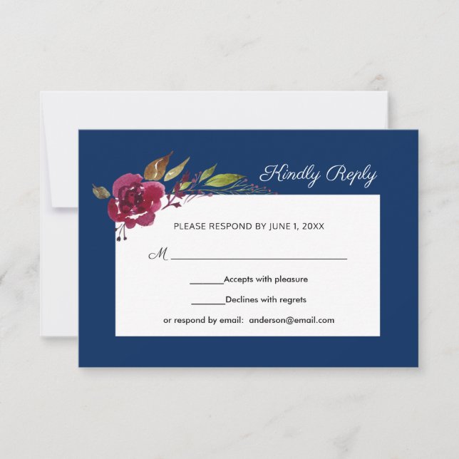 Eleganta akvarellblommor Navy Blue Bröllops-RSVP OSA Kort (Framsida)