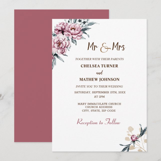 Eleganta akvarellblommor peonior inbjudningar (Fram/baksida)