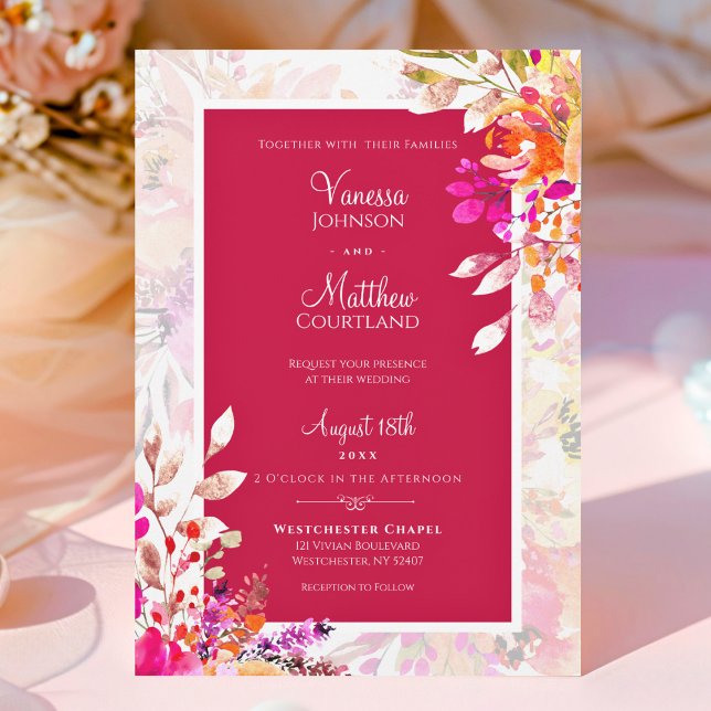 Eleganta akvarellblommor Rosa och Orange Bröllop Inbjudningar (Pink and Orange Elegant Watercolor Floral Wedding Invitation)