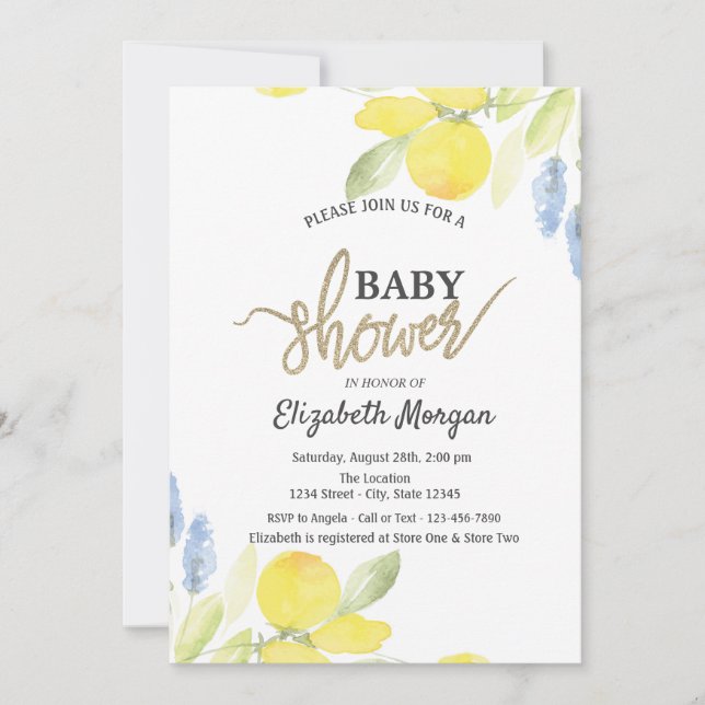 Eleganta akvarellcitroner Baby Shower Inbjudningar (Framsida)
