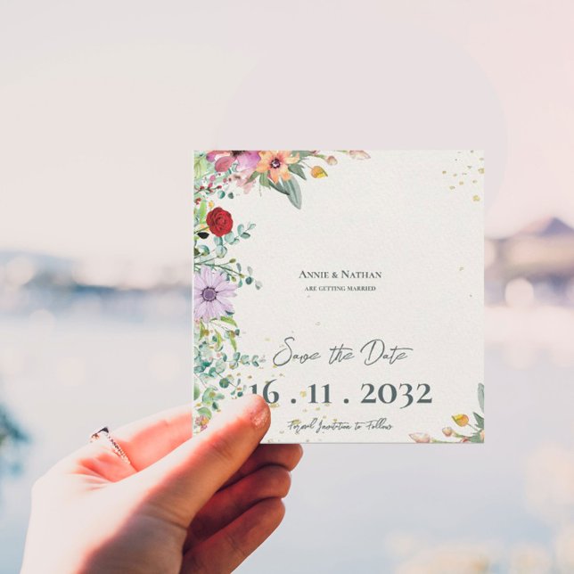 Eleganta akvarellfärgade vilda blommor Bröllop Blo Spara Datumet (Chic Elegant Watercolor Wildflowers Floral Wedding Save The Date)