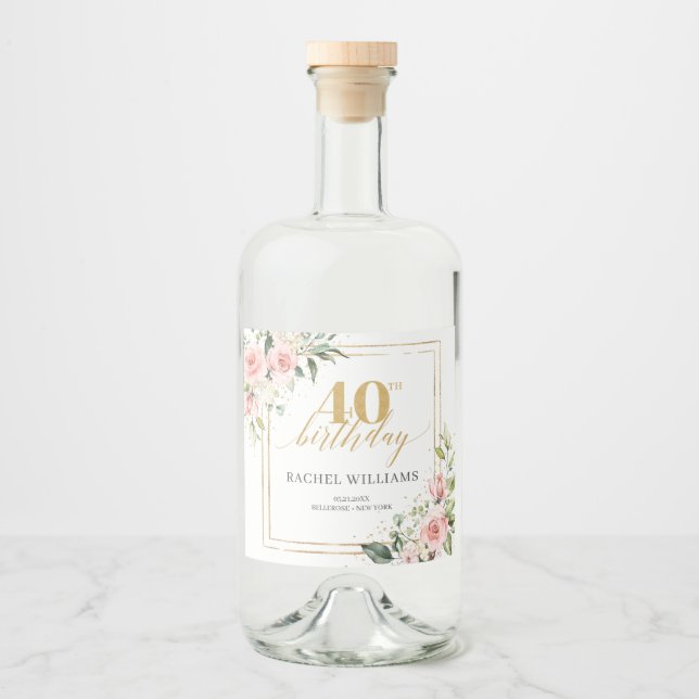 Eleganta akvarellrosa blommor guld 40-årsfirande spritflaskor etikett (Framsida)