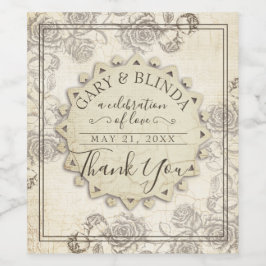 Eleganta åldrande pappersrosor bröllopspresent vin vinflaska etikett