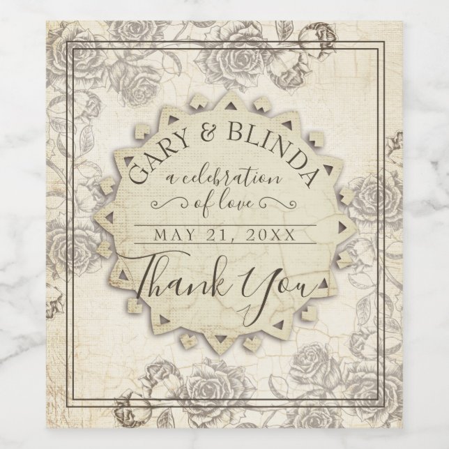 Eleganta åldrande pappersrosor bröllopspresent vin vinflaska etikett (Singel etikett)