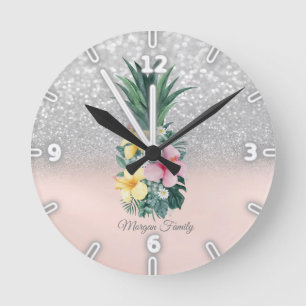Eleganta ananasblommor Silverglitter Bokeh Rund Klocka