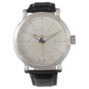 Eleganta anpassade initialer Guld Sunburst Läder U Armbandsur