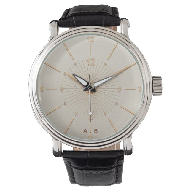 Eleganta anpassade initialer Guld Sunburst Läder U Armbandsur (Framsida)