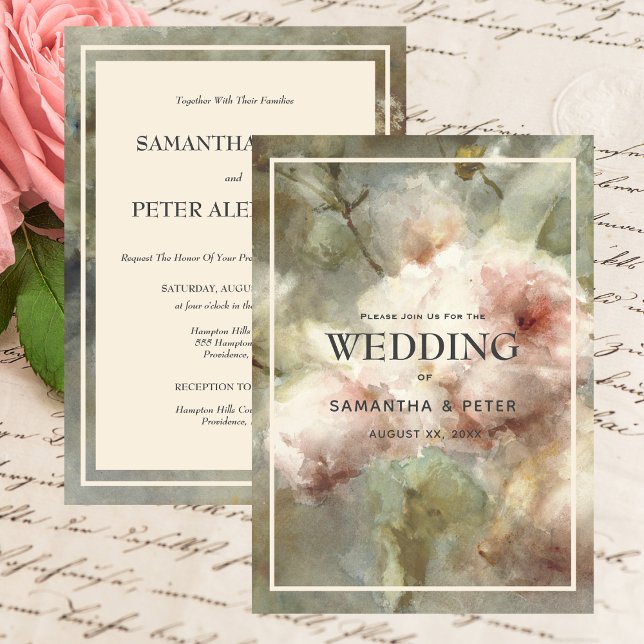 Eleganta antika rosor, Mjuk rosa akvarellblomma Inbjudningar (Elegant Antique Roses, Soft Pink & Green Wedding Invitation)