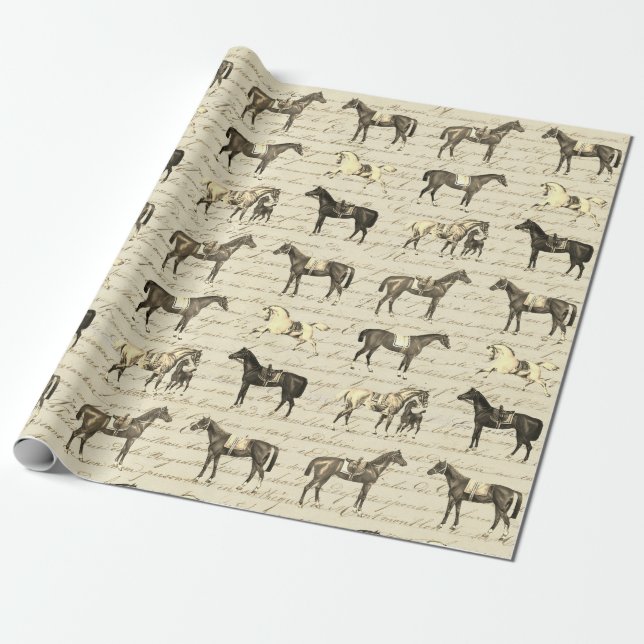 Eleganta antika sadlade hästar på beige skrift presentpapper (Utrullad)