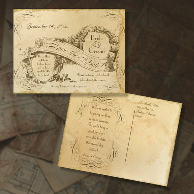 Eleganta antika te-stänkta "Save the Dates" Ann Meddelande Vykort (Skapare uppladdad)