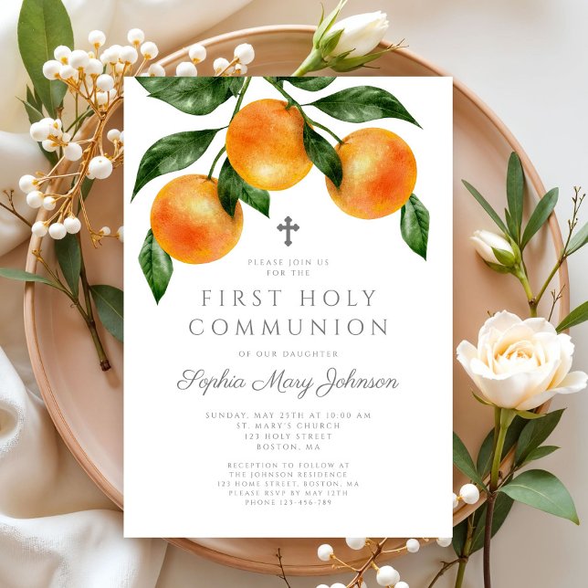 Eleganta apelsiner flicka första heliga kommunion inbjudningar (Elegant Oranges Girl First Holy Communion Invitation)