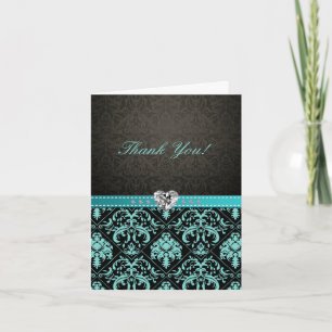 Eleganta Aqua Blå / Svarta Damask "Tack" kort