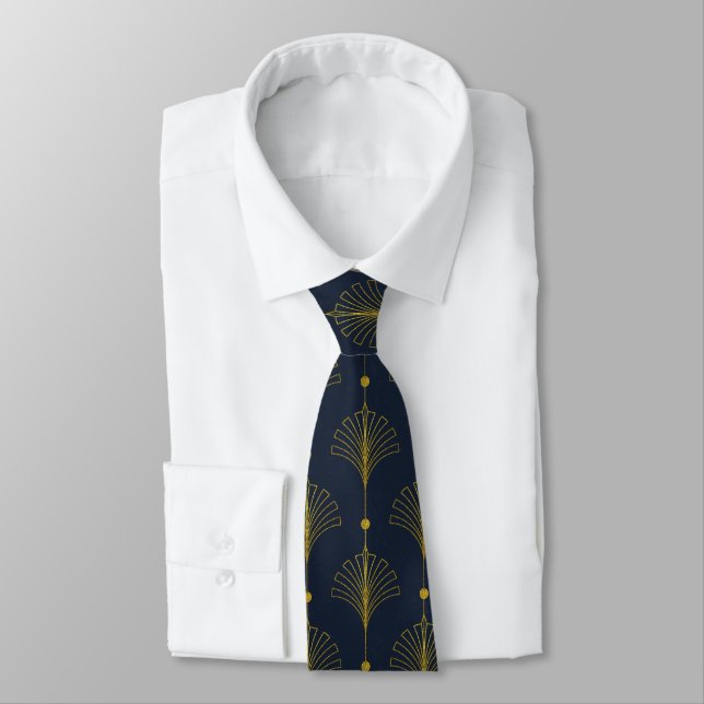 Eleganta Art Deco-fläktar Fjäll / Marinblå & Guld  Slips (Bunden)