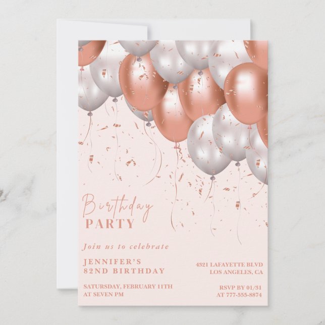 Eleganta ballonger Rosa guld 82-årsdag Inbjudningar (Framsida)