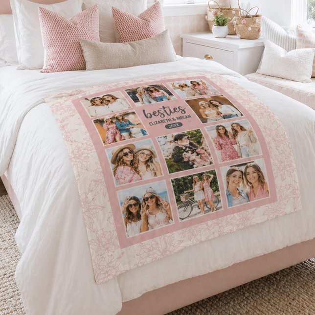 Eleganta Bästa Vänner BFF Rosa Fotokollage med Nam Fleecefilt (A pretty, pink feminine best friend photo collage blanket. A perfect gift for a bestie!)