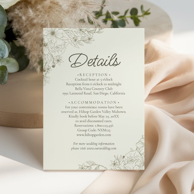 Eleganta Beige Blommiga Bröllopsdetaljer i Script Tilläggskort (Skapare uppladdad)